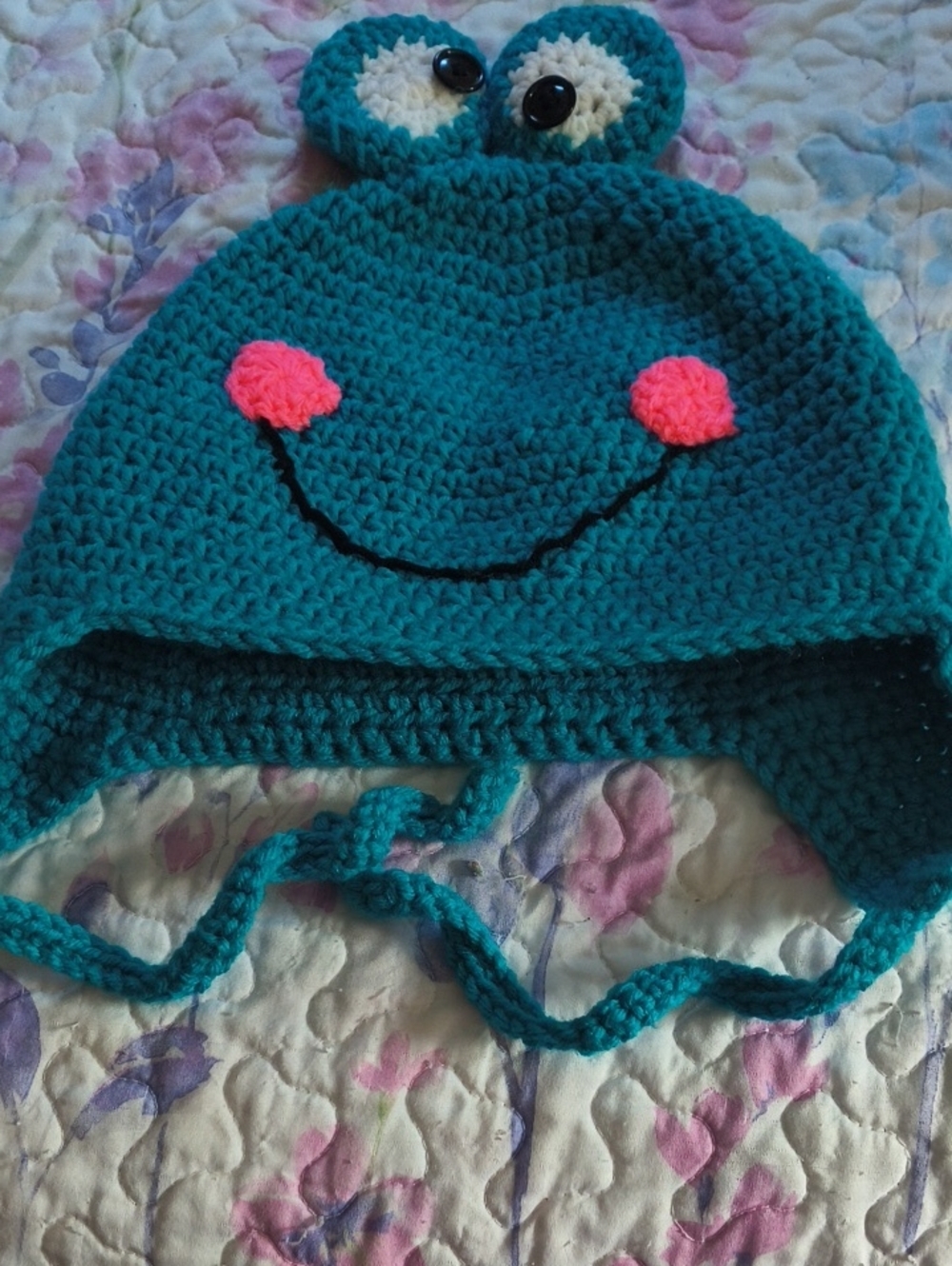 Handmade Teal Frog Crochet Earflap Hat with Pink Cheeks